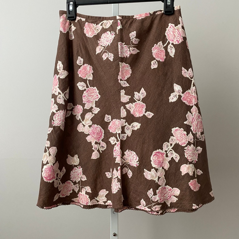 Ann Taylor Loft Modest Linen Feminine 6P Brown‎ Pink Floral Skirt Cottagecore